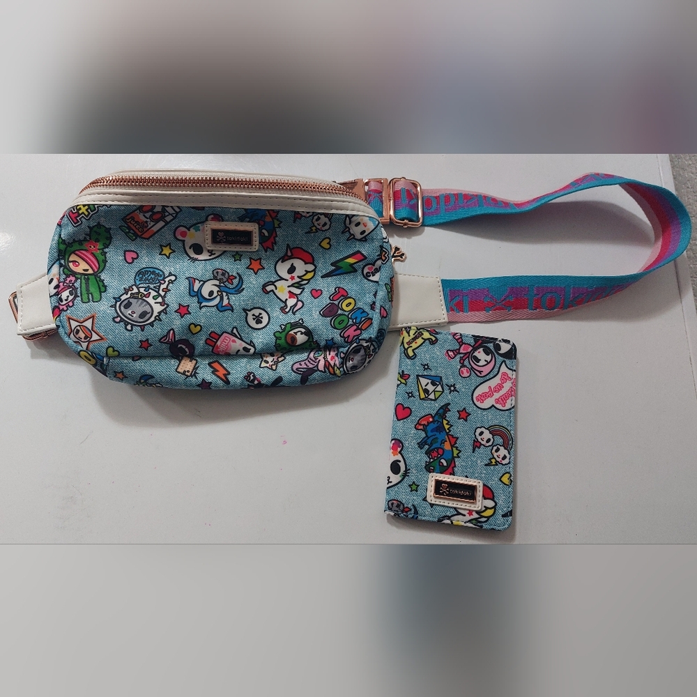 Tokidoki Denim Daze Blue Fanny Waist Sling Belt Bag With Matching Bifold Wallet